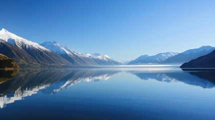 Serene Mountain Lake Reflection Under Clear Blue Sky