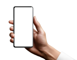 Hand holding smartphone with blank screen, isolated on transparent cutout background