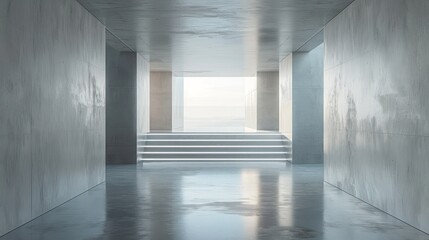 A minimalist interior space with concrete walls and steps leading to a bright view.