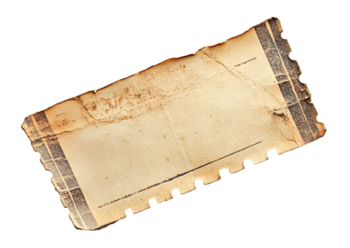 Aged ticket with textured surface and antique style, isolated on transparent cutout background