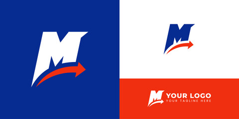 Professional letter "M" logo with a dynamic red arrow symbolizing growth, progress, and success. Suitable for businesses, startups, and corporate branding.