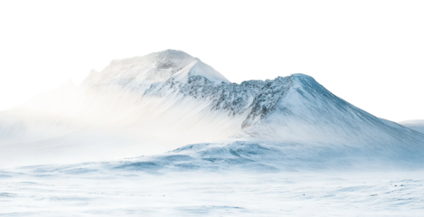 Majestic snowy mountain range with pristine white peaks and deep valleys, isolated on a transparent cutout background