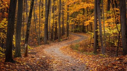 Obraz premium Serene Curved Pathway Through Vibrant Autumn Forest Landscape