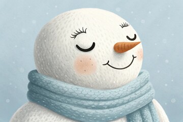 Adorable Snowman With Blue Scarf Smiling in Winter Wonderland