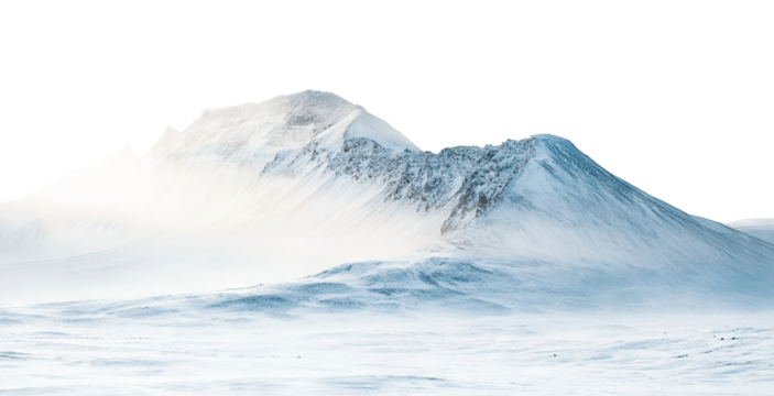 Majestic snowy mountain range with pristine white peaks and deep valleys, isolated on a transparent cutout background