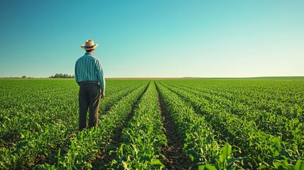 Fototapeta premium A farmer in a straw hat walks through a field of growing corn.