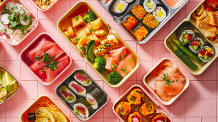 Many Lunchboxes with Different Delicious Food: An array of lunchboxes containing various delicious foods arranged on a pink tile background, showcasing diverse meal options.