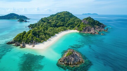 Aerial View of Tropical Island Surrounded by Crystal Clear Waters