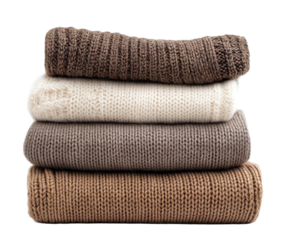 Stacked woolen sweaters in autumn colors, isolated on transparent cutout background