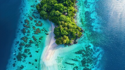 Aerial View of a Tropical Island Surrounded by Crystal Clear Water