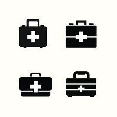 A set of minimalist first aid box icons in various styles and featuring red cross symbols and clean lines. Suitable for medical, emergency, and healthcare design projects