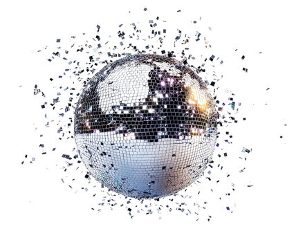 Shiny disco ball with scattered mirror fragments, isolated on transparent cutout background