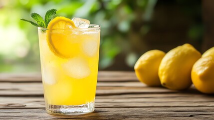 A glass of lemonade with ice and lemon wedge garnished with mint, on a wooden table, with lemons in the background.