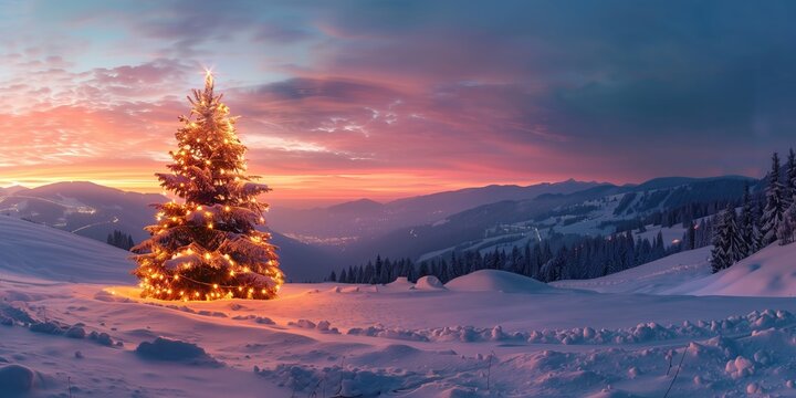 A Christmas tree with candles and lights stands lonely and romantic in a panoramic landscape with snow and mountains at sunset
