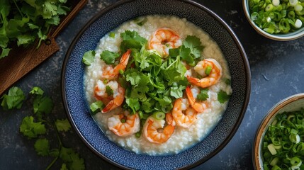 A vibrant, colorful display of shrimp rice porridge topped with cilantro and scallions, highlighting the dish fresh ingredients and inviting presentation