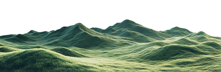 Green mountain landscape with rolling hills, isolated on transparent cutout background