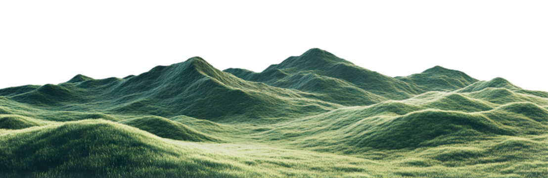 Green mountain landscape with rolling hills, isolated on transparent cutout background