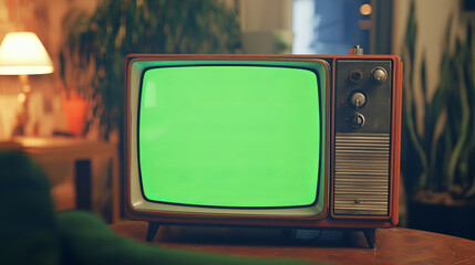 Vintage television with green screen in retro styled room