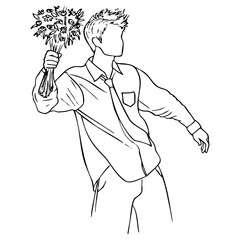 man without a face throws a bouquet of flowers - hand drawn sketch art. man in shirt and tie swings hand-picked flowers. broken heart, angry, irritated, rejected admirer