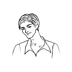 young handsome man with a smirk looks portrait - hand drawn sketch art. attractive man in shirt with unbuttoned shirt collar