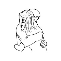 woman and man tight hug - hand drawn sketch art