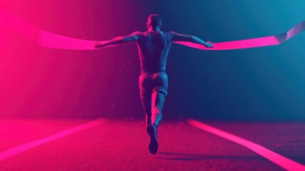 A runner crosses the finish line, arms raised in victory, illuminated by vibrant pink and blue lights in a dramatic sports setting.