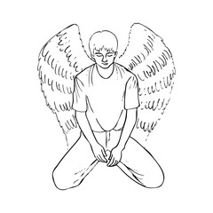 young man sitting on his knees big wings behind him - hand drawn sketch art. angel fallen saint