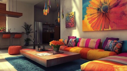 A vibrant living room with colorful artwork, a unique coffee table, and eclectic decor, reflecting the personality and creativity of its inhabitants in a fun and lively space.