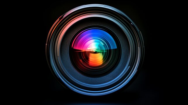 Close up photo of a camera lens with a rainbow reflection.