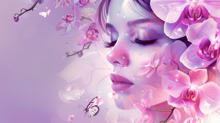 Naklejka premium Beautiful Girl With Orchid Flowers and Butterfly. Beauty Face