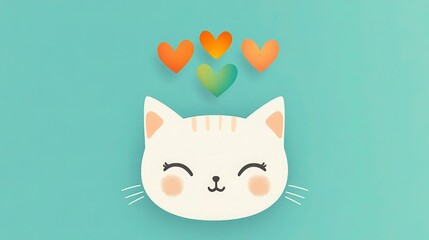 Obraz premium A simple, cheerful cat face with subtle blush on cheeks on a light teal background; above, three hearts in vibrant shades of orange, green, and blue radiate warmth.