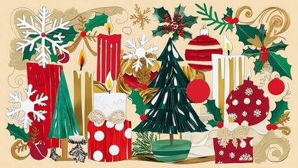 Festive Christmas Collage Featuring Candles Ornaments and Trees
