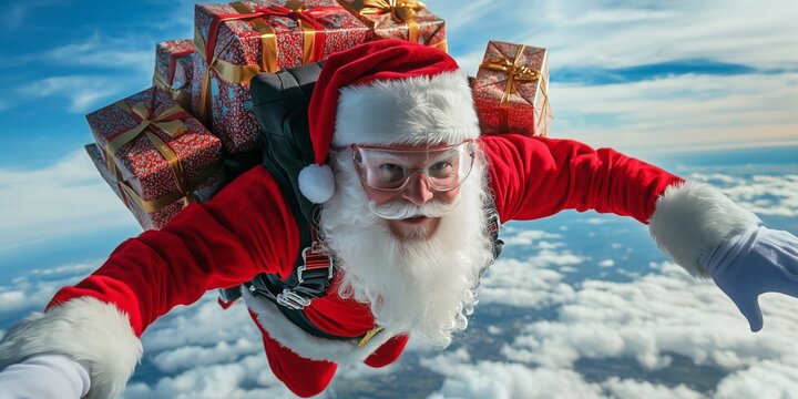 Santa Claus as a skydiver jumps to earth with a parachute and many gifts on his back