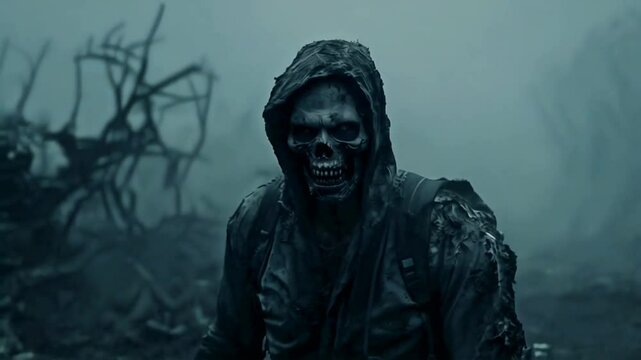A man in a skull mask and an old shabby jacket with a hood. Wasteland and apocalypse theme.