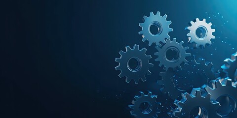 A series of metallic gears floating in a dark blue background, symbolizing mechanics, engineering, and technology.
