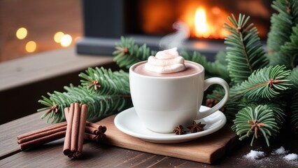 Fototapeta premium A warm cup of hot cocoa on a rustic bench, surrounded by freshly cut Christmas trees in a holiday scene