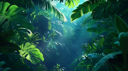 Lush Tropical Rainforest Canopy with Sunbeams