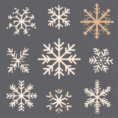 Collection of nine unique snowflake designs in white and beige on a gray background.