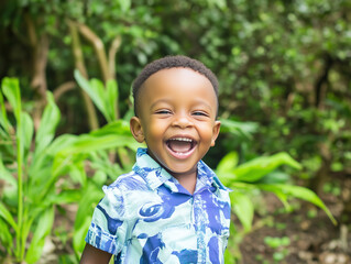 A joyful young black boy with a radiant smile stands in a colorful garden full of greenery. His blue shirt contrasts with the vibrant plants under the warm sun. Generative AI