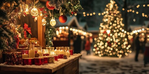 a romantically illuminated stall with arts and crafts at Christmas market in the evening in deep snow