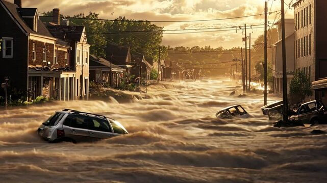 A flash flood rages through a small town, with torrential waters overflowing rivers and sweeping away everything in its path, leaving a trail of devastation behind.