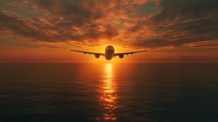 Airplane flying over the ocean at sunset.
