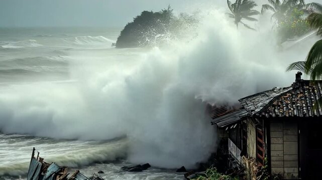A fierce typhoon slams into a coastal village, with massive waves crashing against the shore and winds shredding rooftops and tearing apart small structures.