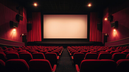 Empty cinema hall with red seats and large blank screen