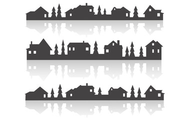 Town and village houses on skyline. Silhouette of small buildings in neighborhood on white background. Christmas rural simple drawing. Winter country landscape with trees in night. Vector