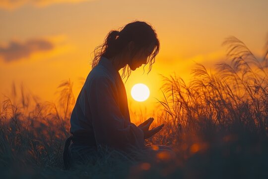 Woman Praying at Sunset with Holy Spirit Descending as a White Dove Symbolizing Faith Divine Intervention and Grace in Worship