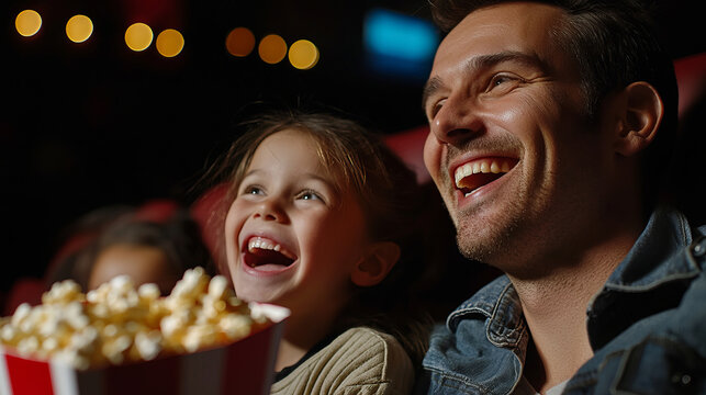 Father and children enjoying a movie at the cinema with popcorn