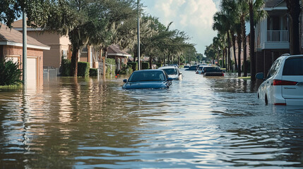 Cars partially submerged in floodwater on a residential street
