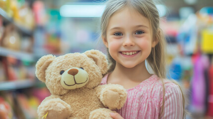 Happy young girl shopping for a teddy bear at a toy store