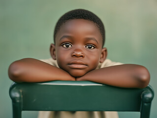 A young african boy sits on a green chair, gazing with serious eyes. He rests his chin on his arms, reflecting a moment of thoughtfulness in a serene environment. Generative AI